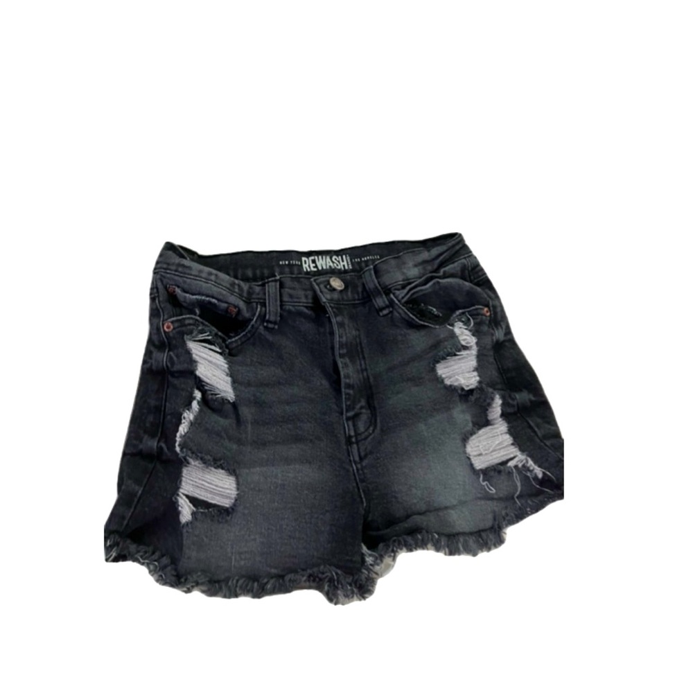 Dark wash jean shorts.